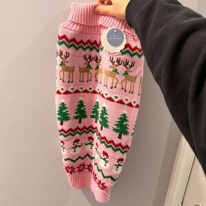 Pink Knit Dog Sweater with Colorful Winter Design - L